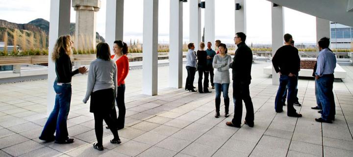 Students on the terrace at the Informatics Forum
